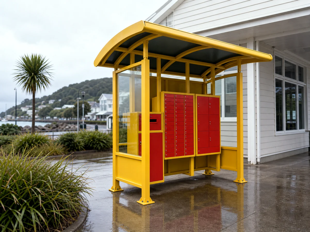 Metal kiosks, postal shelters, and public service booths